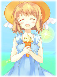 Rule 34 | 1girl, bad id, bad pixiv id, blonde hair, dress, closed eyes, food, fortune summoners, happy, hat, ice cream, luine, open mouth, original, sana poanet, short hair, solo, straw hat, takeda mika