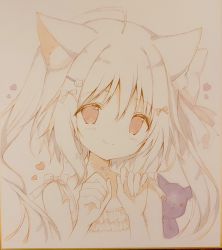 Rule 34 | 1girl, :q, animal, animal ear fluff, animal ears, bare arms, bare shoulders, black cat, blush, bow, cat, cat ears, cat hair ornament, closed eyes, cropped torso, dress, hair between eyes, hair bow, hair ornament, hairclip, hands up, highres, long hair, looking at viewer, monochrome, original, photo (medium), red eyes, shiratama (shiratamaco), sleeveless, sleeveless dress, smile, solo, tongue, tongue out, traditional media, upper body