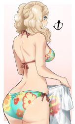 Rule 34 | !, 1girl, ass, ass focus, back, bikini, blonde hair, blue eyes, blush, breasts, feet out of frame, floral print, flower bikini, from behind, gluteal fold, gradient background, highres, holding, holding clothes, huge ass, kurosususu, large breasts, persona, persona 5, pink background, shirt, short twintails, shoulder blades, sideboob, solo, spoken exclamation mark, string bikini, swimsuit, takamaki anne, thick thighs, thighs, twintails, white shirt