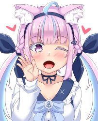 Rule 34 | anchor symbol, animal ears, bow, cat ears, choker, colored inner hair, hairband, highres, hololive, jacket, looking at viewer, minato aqua, minato aqua (sailor), multicolored hair, non-web source, one eye closed, one eye opened, open mouth, pink eyes, sailor collar, school uniform, twintails, utazakura art, virtual youtuber