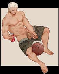 Rule 34 | 1boy, abs, ball, bara, basketball, basketball (object), beard, body hair, camouflage, camouflage shorts, can, coca-cola, erection, facial hair, full body, highres, holding, holding can, large pectorals, male focus, male masturbation, male pubic hair, masturbation, muscular, muscular male, navel, navel hair, nipples, original, pectorals, penis, peterhl, pubic hair, short hair, shorts, solo, stubble, topless male, uncensored, white hair