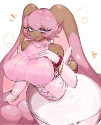 Rule 34 | alternate color, bare shoulders, blush, breasts, brown fur, creatures (company), furry, furry female, game freak, gen 4 pokemon, glasses, hand on own chest, highres, huge breasts, looking at viewer, lopunny, nintendo, pink fur, pink hair, pokemon, pokemon (creature), purple eyes, rabbit ears, rabbit girl, rabbit tail, shiny pokemon, short hair, smile, sweater, tan, usa37107692, wide hips