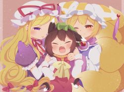 Rule 34 | 3girls, :3, :d, animal ears, animal hat, blonde hair, blush, bow, brooch, brown background, brown hair, cat ears, cat tail, chen, choker, closed eyes, closed mouth, commentary, dress, earrings, elbow gloves, fang, fox ears, fox tail, frilled sleeves, frills, gem, gloves, gold trim, green headwear, hair bow, hair ribbon, happy, hat, hat ribbon, highres, ibaraki natou, jewelry, long hair, long sleeves, m/, mob cap, multiple girls, multiple tails, nekomata, open mouth, parted lips, puffy short sleeves, puffy sleeves, purple dress, purple eyes, red bow, red choker, red dress, red gemstone, red ribbon, ribbon, ribbon choker, short hair, short sleeves, sidelocks, signature, simple background, smile, tabard, tail, touhou, tress ribbon, two tails, upper body, very long hair, white dress, white headwear, wide sleeves, yakumo ran, yakumo yukari, yellow bow, yellow eyes, yellow neckwear