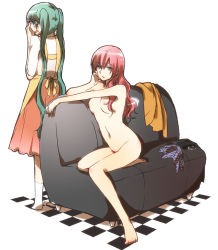 Rule 34 | 2girls, apron, aqua eyes, aqua hair, bare arms, bare legs, bare shoulders, barefoot, blue eyes, blush, breasts, casual nudity, checkered floor, clothed female nude female, unworn clothes, couch, covering privates, covering face, embarrassed, feet, female focus, floor, green hair, hatsune miku, legs, long hair, medium breasts, megurine luka, multiple girls, navel, nipples, nude, nudist, open mouth, pink hair, sekihara umina, sitting, skirt, socks, standing, twintails, very long hair, vocaloid, wavy mouth, white background