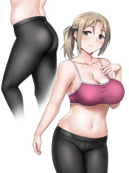 Rule 34 | 1girl, blonde hair, blue eyes, blush, breasts, cleavage, crop top, hand on own chest, hashi, large breasts, looking at viewer, medium hair, midriff, navel, pink shirt, ponytail, shirt, smile, solo, sports bra, sportswear, tank top