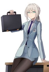 Rule 34 | 1girl, absurdres, an-94 (antje) (girls&#039; frontline), an-94 (girls&#039; frontline), aqua eyes, aqua jacket, bespectacled, black pantyhose, blonde hair, blue eyes, blue necktie, briefcase, business suit, closed mouth, commentary, commission, cowboy shot, expressionless, formal, gamryous, girls&#039; frontline, glasses, highres, holding, holding briefcase, jacket, leaning on object, long sleeves, looking at viewer, necktie, over-rim eyewear, pantyhose, pixiv commission, ponytail, semi-rimless eyewear, sidelocks, simple background, solo, suit, table, white background