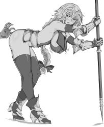 Rule 34 | 1boy, 1girl, armor, armpits, ass grab, bare shoulders, bent over, blush, boots, bow, braid, braided ponytail, breasts, cameltoe, chest strap, covered erect nipples, covered navel, couter, elbow gloves, fate/grand order, fate (series), faulds, gauntlets, gloves, greyscale, hair bow, headpiece, high heel boots, high heels, highleg, highleg leotard, highres, jeanne d&#039;arc (fate), jeanne d&#039;arc (ruler) (fate), large breasts, leotard, long hair, monochrome, out of frame, polearm, sabaton, sideboob, sweat, thick thighs, thighhighs, thighs, weapon, winterbigfoot