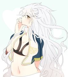 Rule 34 | 10s, 1girl, alternate hairstyle, breasts, cloud print, crop top, from side, fuj1saki, fujisaki (si da), hair down, kantai collection, large breasts, long hair, looking at viewer, midriff, open clothes, revealing clothes, silver hair, simple background, solo, unryuu (kancolle), very long hair, wavy hair, yellow eyes