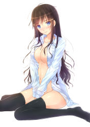 Rule 34 | 1girl, blue eyes, blush, breasts, brown hair, cleavage, covered erect nipples, highres, kazeno, large breasts, long hair, naked shirt, navel, nipple slip, nipples, open clothes, open shirt, original, shirt, sitting, smile, solo, thighhighs, v arms, wariza