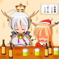 Rule 34 | 2girls, = =, alcohol, arrow (symbol), bell, blush, bottle, bow, breast envy, breasts, cat, christmas, closed eyes, crossover, cup, drunk, fang, female focus, hair bow, hair ribbon, hat, horn ornament, horn ribbon, horns, ibuki suika, looking at breasts, mistletoe, multiple girls, on head, oni, open mouth, ribbon, santa costume, santa hat, shaded face, silver hair, single tooth, suzunonaruki, sweater, touhou, translation request, vocaloid, yowane haku
