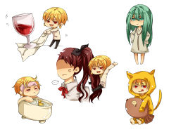 Rule 34 | 1girl, 2boys, aged down, alcohol, androgynous, anger vein, animal costume, bath, brown hair, cat costume, chibi, child, enkidu (fate), fate/stay night, fate/strange fake, fate/zero, fate (series), fish, gilgamesh (fate), green eyes, green hair, hair ribbon, highres, jewelry, long hair, luperce, mixed-sex bathing, multiple boys, necklace, red eyes, ribbon, rubber duck, shared bathing, short hair, tears, tohsaka rin, towel, wine