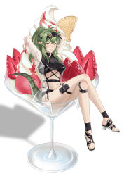 Rule 34 | 1girl, absurdres, antenna hair, arknights, arms up, bad id, bad pixiv id, bare legs, black footwear, blush, breasts, chinese commentary, commentary request, crocodilian tail, crossed legs, cup, da akana xiv, drinking glass, food, gavial (arknights), green hair, green nails, grin, highres, ice cream, long hair, looking at viewer, medium breasts, nail polish, navel, official alternate costume, open clothes, open shirt, parted lips, pointy ears, ponytail, pouch, sandals, see-through, shadow, simple background, sitting, smile, solo, stomach, tail, thigh strap, thighs, toenail polish, toenails, underboob, visor cap, white background, wine glass, yellow eyes