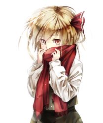 Rule 34 | 1girl, black skirt, black vest, blonde hair, covered mouth, gorilla (bun0615), hair ribbon, highres, lens flare, long sleeves, looking at viewer, red eyes, red ribbon, red scarf, ribbon, rumia, scarf, scarf over mouth, shirt, short hair, simple background, skirt, solo, touhou, upper body, vest, white background