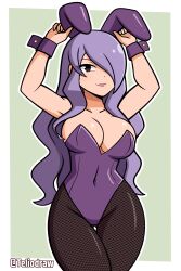 Rule 34 | 1girl, animal ears, armpit crease, arms up, bare shoulders, blush, breasts, brown eyes, camilla (fire emblem), cleavage, collarbone, covered navel, cuff links, cuffs, curvy, dot nose, fake animal ears, female focus, fire emblem, fishnet pantyhose, fishnets, gluteal fold, groin, highleg, highleg leotard, highres, large breasts, legs, leotard, lips, lipstick, long hair, makeup, neck, nintendo, one eye covered, pantyhose, playboy bunny, purple hair, rabbit ears, shiny skin, sidelocks, signature, simple background, smile, solo, standing, strapless, strapless leotard, teliodraw, thighs, twitter username, wide hips