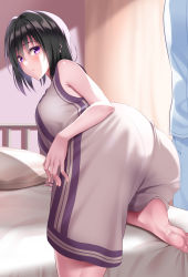 Rule 34 | 1boy, 1girl, absurdres, ass, barefoot, basketball uniform, bed, bed sheet, black hair, breasts, closed mouth, feet, from behind, hair between eyes, highres, huyumitsu, indoors, large breasts, looking back, medium hair, on bed, original, pants, pantylines, photoshop (medium), pillow, purple eyes, shirt, short hair, short sleeves, shorts, sleeveless, sleeveless shirt, solo focus, sportswear, under covers, white pants, white shirt, white shorts