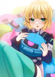 Rule 34 | 1girl, :d, black shirt, blonde hair, character request, feet out of frame, green eyes, grey shorts, gundam, hands up, highres, holding, holding stuffed toy, hoshimiya aki, knees up, long sleeves, looking at viewer, official art, open mouth, puffy long sleeves, puffy sleeves, shirt, short shorts, shorts, smile, solo, stuffed toy, thighhighs