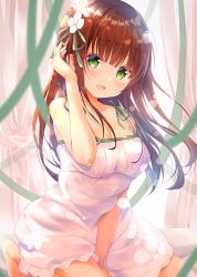Rule 34 | 1girl, :d, amedamacon, bare arms, bare shoulders, barefoot, between legs, blurry, blurry foreground, blush, breasts, brown hair, cleavage, commentary request, curtains, depth of field, dress, flower, frilled dress, frills, gochuumon wa usagi desu ka?, green eyes, green ribbon, hair flower, hair ornament, hair ribbon, hand between legs, hand up, head tilt, kneeling, long hair, looking at viewer, medium breasts, open mouth, ribbon, sleeveless, sleeveless dress, smile, solo, ujimatsu chiya, very long hair, white dress, white flower