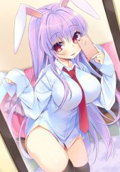 Rule 34 | 1girl, animal ears, bed, between breasts, black thighhighs, blush, breasts, cellphone, highres, large breasts, long hair, looking at viewer, mirei, mirror, necktie, necktie between breasts, no pants, phone, purple hair, rabbit ears, red eyes, red necktie, reisen udongein inaba, selfie, shirt, sleeves past wrists, smartphone, smile, solo, thighhighs, touhou, very long hair, white shirt