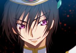 Rule 34 | 1boy, black hair, code geass, creayus, grin, hat, lelouch vi britannia, looking at viewer, m&amp;m (mickey and mackey), male focus, parted lips, portrait, purple eyes, smile, solo