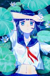 Rule 34 | 1girl, absurdres, blue eyes, blue hair, blue sailor collar, blue skirt, breasts, chinese commentary, closed mouth, collarbone, from above, hand on own forehead, highres, lily pad, looking up, medium hair, midriff, navel, neckerchief, original, pleated skirt, red neckerchief, sailor collar, school uniform, see-through, serafuku, shirt, short sleeves, skirt, solo, upper body, water drop, wet, wet clothes, white shirt, ya yan