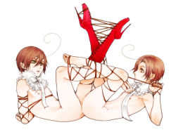 Rule 34 | 2boys, arms behind back, ass-to-ass, axis powers hetalia, bad id, bad pixiv id, ballet boots, barefoot, bdsm, bondage, boots, bound, bound arms, bound together, brown hair, cross-laced footwear, feet, high heel boots, high heels, lace-up boots, male focus, multiple boys, nipples, northern italy (hetalia), nude, shoes, short hair, single shoe, southern italy (hetalia), white background, yaoi, zuwai kani