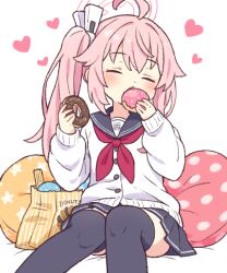 Rule 34 | 1girl, black sailor collar, black skirt, black thighhighs, blue archive, blush, cardigan, closed eyes, commentary request, doughnut, eating, food, halo, heart, holding, holding food, long hair, long sleeves, miniskirt, natsu (blue archive), neckerchief, onyhakase, pink hair, pink halo, pleated skirt, puffy long sleeves, puffy sleeves, red neckerchief, sailor collar, school uniform, serafuku, side ponytail, simple background, sitting, skirt, solo, thighhighs, white background, white cardigan