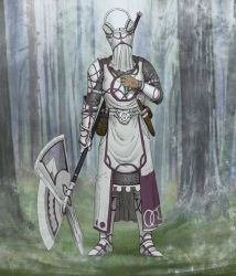 Rule 34 | 1other, armor, belt, boots, chainmail, commentary, dagger, english commentary, facing viewer, forest, full armor, full body, gauntlets, halberd, hand up, helmet, highres, holding, holding polearm, holding weapon, huge weapon, knife, knight, armored boots, nature, original, outdoors, pauldrons, pelvic curtain, polearm, scabbard, sheath, shoulder armor, standing, veil, weapon, white belt, y naf
