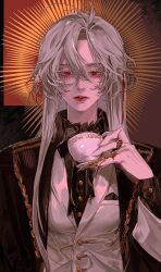Rule 34 | absurdres, androgynous, buttons, colored eyelashes, cup, formal, grey hair, halo, highres, holding, holding cup, jewelry, long eyelashes, long hair, looking at viewer, multiple rings, original, red eyes, red lips, ring, solo, suit, thick eyelashes, upper body, vest, volff, white hair