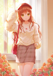 Rule 34 | 1girl, arm up, bad id, bad pixiv id, bag, bang dream!, beret, breasts, brown eyes, brown hair, brown skirt, closed mouth, collarbone, commentary request, curtains, flower, hair between eyes, hand on own hip, handbag, hat, head tilt, highres, imai lisa, long hair, long sleeves, looking at viewer, lunacle, puffy long sleeves, puffy sleeves, red flower, red hat, red rose, rose, shirt, shoulder bag, skirt, sleeves past wrists, small breasts, smile, solo, standing, underwear, very long hair, white shirt, window