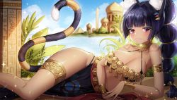 Rule 34 | 1girl, animal ears, ankkoyom, black hair, blush, braid, breasts, cat ears, cat tail, cleavage, commentary request, copyright request, dark-skinned female, dark skin, day, earrings, epic seven, hair intakes, hair ornament, hairclip, highres, hoop earrings, jewelry, large breasts, long braid, long hair, outdoors, pink eyes, rin (epic seven), smile, solo, tail