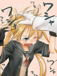 Rule 34 | 10s, 1girl, abukuma (kancolle), admiral (kancolle), akino shuu, black gloves, blonde hair, blush, double bun, gloves, green eyes, hair between eyes, hair bun, hair rings, hand on another&#039;s head, head pat, headpat, kantai collection, long hair, messy hair, open mouth, out of frame, pink background, remodel (kantai collection), school uniform, serafuku, simple background, twintails, white gloves