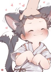 Rule 34 | 1boy, absurdres, animal ears, black hair, blush, cat ears, cat tail, child, closed eyes, ear blush, headpat, highres, imple background, japanese clothes, kimono, original, paw pose, short hair, short sleeves, smile, solo focus, tail, tail wagging, white background, yuanyuan, yukata