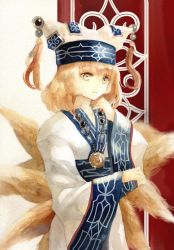 Rule 34 | 1girl, ainu clothes, alternate costume, animal hat, bad id, bad pixiv id, blonde hair, embellished costume, faux traditional media, hat, hat ornament, jewelry, keiko (mitakarawa), kitsune, long sleeves, mob cap, multiple tails, necklace, mob cap, short hair, solo, tail, tassel, touhou, wide sleeves, yakumo ran, yellow eyes