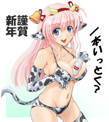 Rule 34 | 1girl, akeome, animal ears, animal print, bell, between breasts, bikini, blue eyes, breasts, cleavage, cow ears, cow girl, cow print, cow tail, drink, horns, large breasts, long hair, milk, new year, open mouth, original, pink hair, shimozuki hokouei, sideboob, smile, solo, string bikini, swimsuit, tail, thighhighs, translated