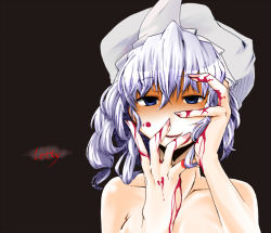 Rule 34 | 1girl, blood, blue eyes, blue hair, close-up, female focus, hat, letty whiterock, matching hair/eyes, nude, shimanaka arihito, short hair, simple background, solo, touhou, yandere