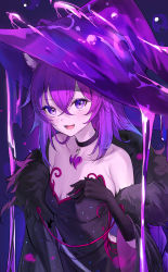 Rule 34 | 1girl, :d, alchemilla menace, bad id, bad twitter id, bare shoulders, black choker, black dress, black gloves, breasts, choker, collarbone, cyberlive, dress, emyo, fang, feather boa, gloves, hat, highres, long hair, looking at viewer, open mouth, purple eyes, purple hair, purple hat, purple theme, small breasts, smile, solo, strapless, strapless dress, upper body, virtual youtuber, witch, witch hat