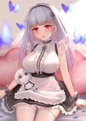 Rule 34 | 1girl, anchor symbol, apron, azur lane, black hairband, blurry, breasts, bug, butterfly, collar, dido (azur lane), doll, dress, frilled apron, frilled collar, frilled dress, frills, grey hair, hairband, highres, insect, large breasts, long hair, maid, metal collar, pink eyes, sitting, solo, takoho (frrh8747), thighhighs, white thighhighs, wrist cuffs