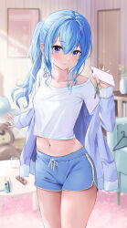 Rule 34 | 1girl, absurdres, blue eyes, blue hair, blue shorts, blurry, blurry background, blush, cellphone, charm (object), coffee table, collarbone, drawstring, hair between eyes, highres, hololive, hoshimachi suisei, long hair, looking at viewer, midriff, mochiki 927, navel, nintendo switch, off shoulder, phone, shirt, shorts, side ponytail, smile, solo, star (symbol), star in eye, symbol in eye, table, thighs, virtual youtuber, white shirt