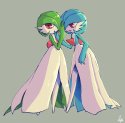 Rule 34 | 2girls, alternate color, artist name, ayano (aynooopi), blue hair, blue skin, closed mouth, colored skin, creatures (company), female focus, flat chest, full body, game freak, gardevoir, gen 3 pokemon, green background, green hair, green skin, hair over one eye, half-closed eyes, hand on another&#039;s face, hand up, looking away, looking to the side, multicolored skin, multiple girls, nintendo, open mouth, pokemon, pokemon (creature), red eyes, shiny pokemon, signature, simple background, smile, standing, two-tone skin, white skin