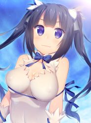 Rule 34 | 10s, 1girl, absurdres, bare shoulders, black hair, blue eyes, breasts squeezed together, breasts, cleavage, cleavage cutout, clothing cutout, dress, dungeon ni deai wo motomeru no wa machigatteiru darou ka, covered erect nipples, female focus, gloves, hair ornament, hestia (danmachi), highres, large breasts, long hair, looking at viewer, niwashi (yuyu), rei no himo, sleeveless, sleeveless dress, solo, symbol-shaped pupils, twintails, very long hair, white dress, white gloves