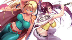 Rule 34 | 2girls, alternate color, alternate eye color, alternate hair color, aqua eyes, arm at side, armpits, ass, bare shoulders, blonde hair, breasts, butt crack, collarbone, crop top, dark-skinned female, dark skin, dual persona, from side, hair between eyes, impossible clothes, katana, large breasts, light smile, lips, long hair, looking at viewer, midriff, misao (kami no misoshiru), multiple girls, navel, parted lips, player 2, ponytail, purple eyes, purple hair, sword, under night in-birth, very long hair, weapon, yuzuriha (under night in-birth)