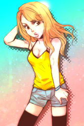 Rule 34 | 10s, 1girl, blonde hair, breasts, brown eyes, cleavage, female focus, gradient background, halftone, halftone background, karina lyle, lips, long hair, makoto1009, shorts, solo, tank top, thighhighs, tiger &amp; bunny