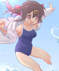 Rule 34 | 1girl, :d, bare legs, barefoot, black hair, blue one-piece swimsuit, breasts, brown eyes, coat, commentary, hair between eyes, hair ornament, hairclip, highres, kyarahiba, lab coat, long sleeves, medium breasts, multicolored hair, one-piece swimsuit, onii-chan wa oshimai!, open clothes, open coat, open mouth, oyama mihari, purple hair, smile, solo, swimsuit, swimsuit under clothes, two-tone hair, water