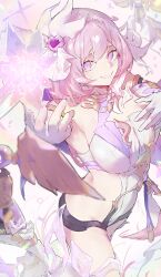 1girl absurdres bare_shoulders black_shorts breasts commentary_request corset crystal_flower diamond-shaped_pupils diamond_(shape) elysia_(herrscher_of_human:_ego)_(honkai_impact) elysia_(honkai_impact) gloves hair_ornament highres honkai_(series) honkai_impact_3rd large_breasts micro_shorts nemux2 pink_hair purple_eyes shorts simple_background smile solo symbol-shaped_pupils thighs veil white_background white_corset white_gloves white_veil