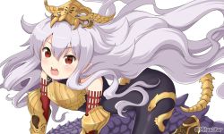 Rule 34 | 1girl, all fours, bare shoulders, black bodysuit, blush, bodysuit, commentary request, floating hair, granblue fantasy, grey hair, hair between eyes, headpiece, long hair, medusa (shingeki no bahamut), mitya, open mouth, red eyes, round teeth, simple background, solo, tail, teeth, twitter username, upper teeth only, v-shaped eyebrows, very long hair, white background