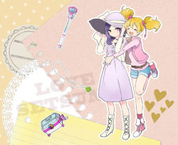 Rule 34 | 00s, 2girls, :d, blonde hair, butadon, character name, couple, closed eyes, fresh precure!, happy, hat, higashi setsuna, holding, holding hat, jewelry, momozono love, multiple girls, music box, open mouth, paper, pendant, precure, purple hair, smile, standing, standing on one leg, star (symbol), starry background, twintails, yuri