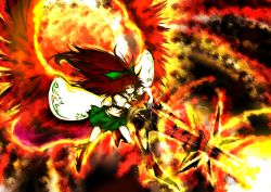 Rule 34 | 1girl, acryl, alternate weapon, arm cannon, bad id, bad pixiv id, brown hair, female focus, fire, firing, fire, highres, long hair, reiuji utsuho, solo, touhou, weapon, wings