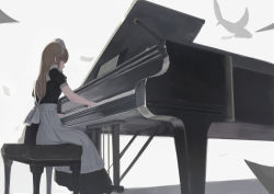 Rule 34 | 1girl, animal, apron, bad id, bad pixiv id, bird, black dress, brown hair, commentary request, dress, closed eyes, grey background, instrument, long hair, maid, maid headdress, music, original, piano, piano bench, playing instrument, profile, puffy short sleeves, puffy sleeves, shadow, shii (kairi-t-k0317), short sleeves, sitting, solo, waist apron, white apron