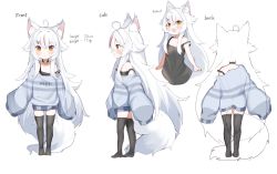 Rule 34 | 1girl, ahoge, animal ear fluff, animal ears, bell, blush, character sheet, clenched hands, collar, commentary, english commentary, english text, fox ears, fox girl, fox tail, from above, from side, highres, kamiko kana, long hair, multicolored hair, multiple views, neck bell, off shoulder, official art, open mouth, red hair, second-party source, sleeves past wrists, streaked hair, sweater, tail, tank top, thighhighs, tsunderia, very long hair, virtual youtuber, white background, white hair, yinpa (wanone500511)