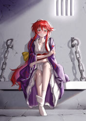 Rule 34 | 1girl, absurdres, ailu elf, bench, blush, bow, breasts, cleavage, collarbone, crossed arms, cuffs, dungeon, hair bow, highres, japanese clothes, kimono, kotohime (touhou), long hair, red eyes, red hair, sitting, socks, solo, touhou, white socks